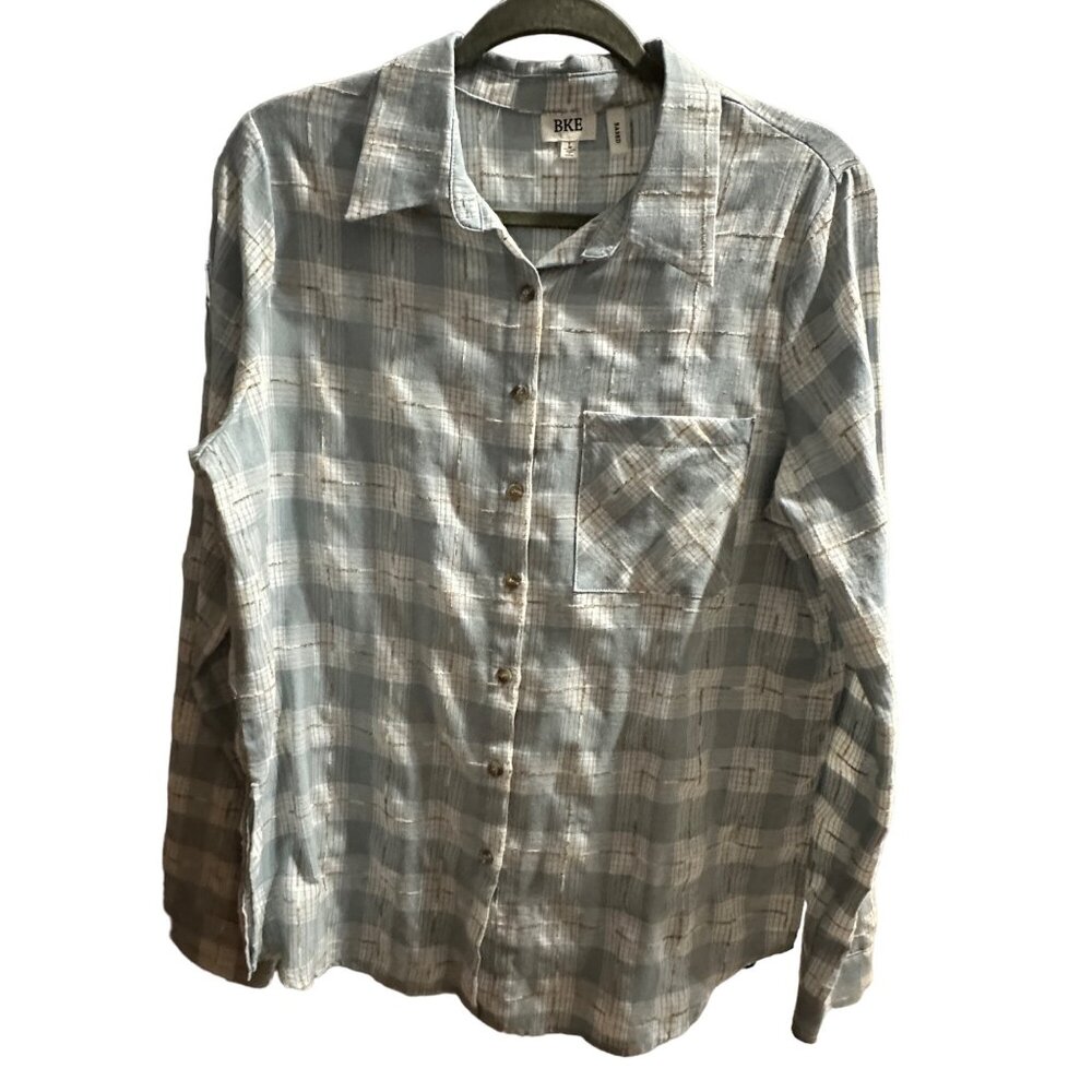 BKE size L eased women’s blue plaid pockets button front long sleeve shirt